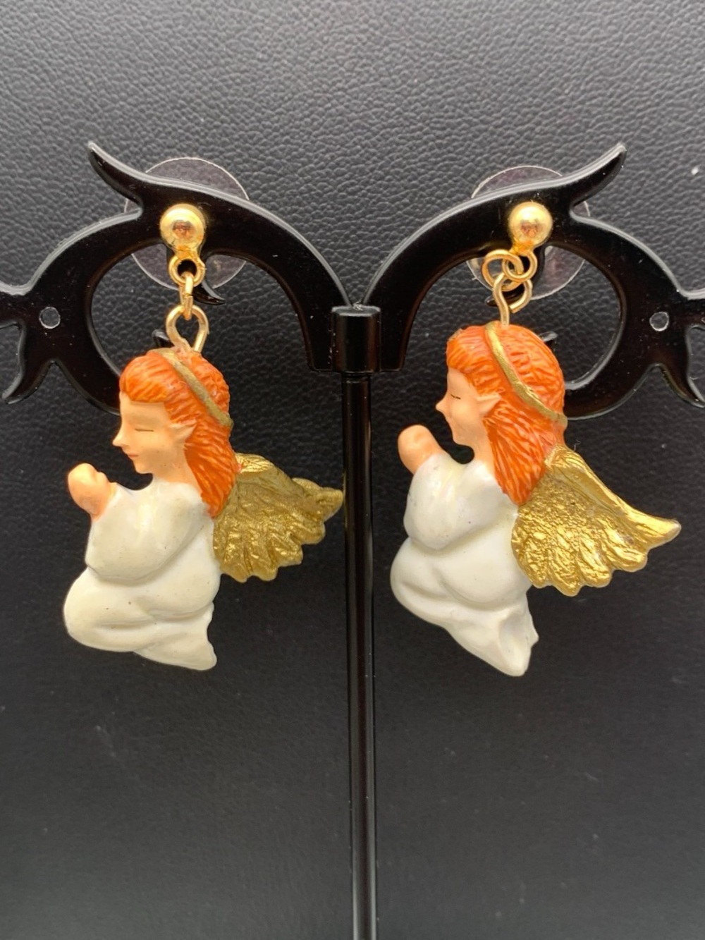 Vintage hand painted Angel Drop Earrings in Ivory and Gold